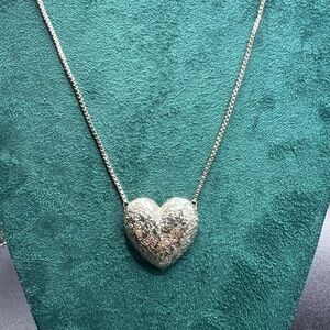 Chic Puffed Silver Heart Hammered Long 23” Necklace Sparkle